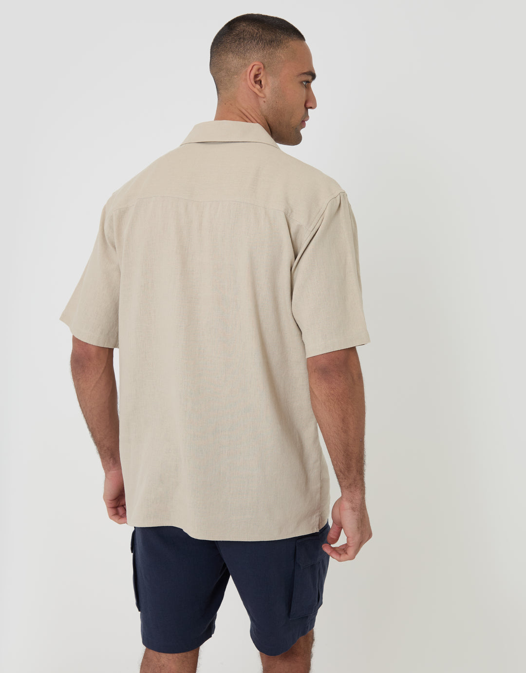 Threadbare Relaxed Fit Linen Blend Short Sleeve Shirt in Stone - back view