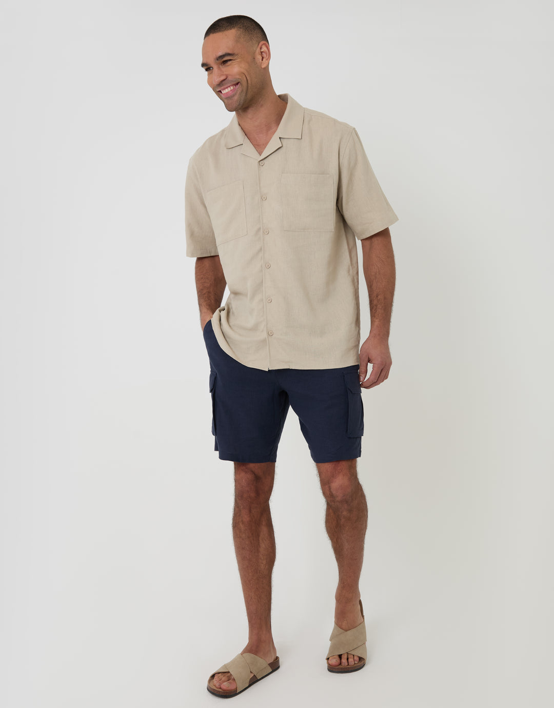 Threadbare Relaxed Fit Linen Blend Short Sleeve Shirt in Stone - full body