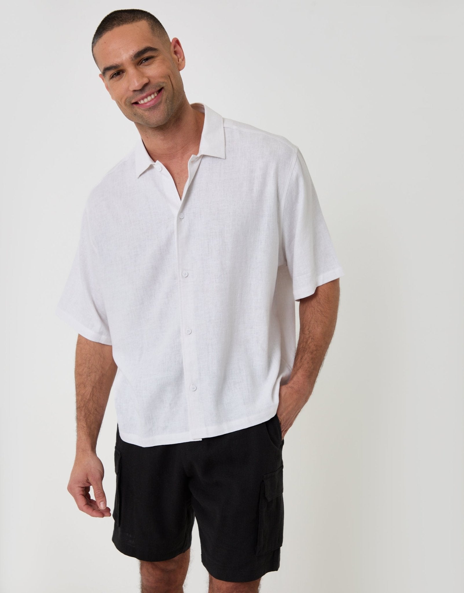 Threadbare Men's Boxy Fit Linen Blend Shirt in White