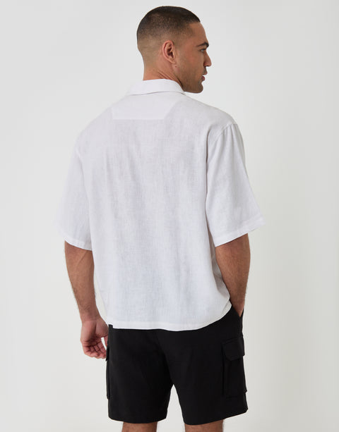 Threadbare Boxy Fit Linen Blend Short Sleeve Shirt in White - back view