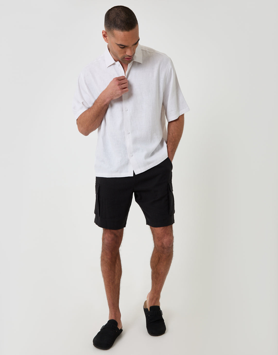 Threadbare Boxy Fit Linen Blend Short Sleeve Shirt in White - full body
