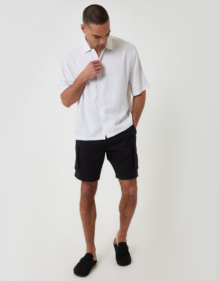 Threadbare Boxy Fit Linen Blend Short Sleeve Shirt in White - full body