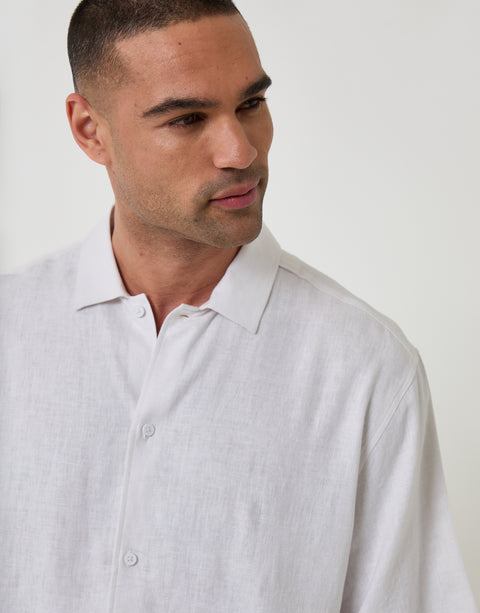 Threadbare Boxy Fit Linen Blend Short Sleeve Shirt in White - front view close up