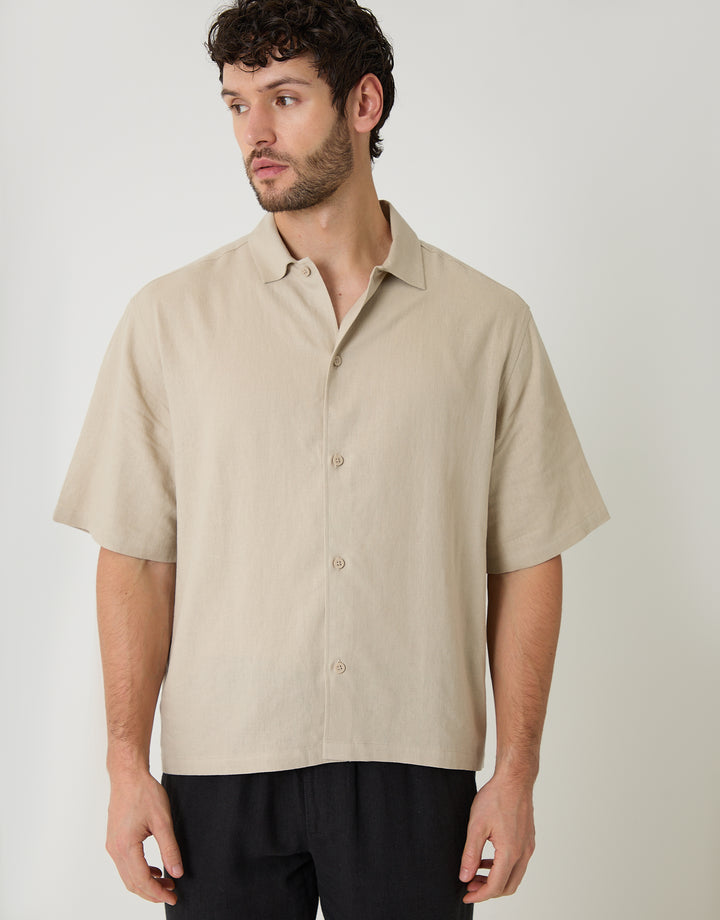 Threadbare Boxy Fit Linen Blend Short Sleeve Shirt in Stone - front view