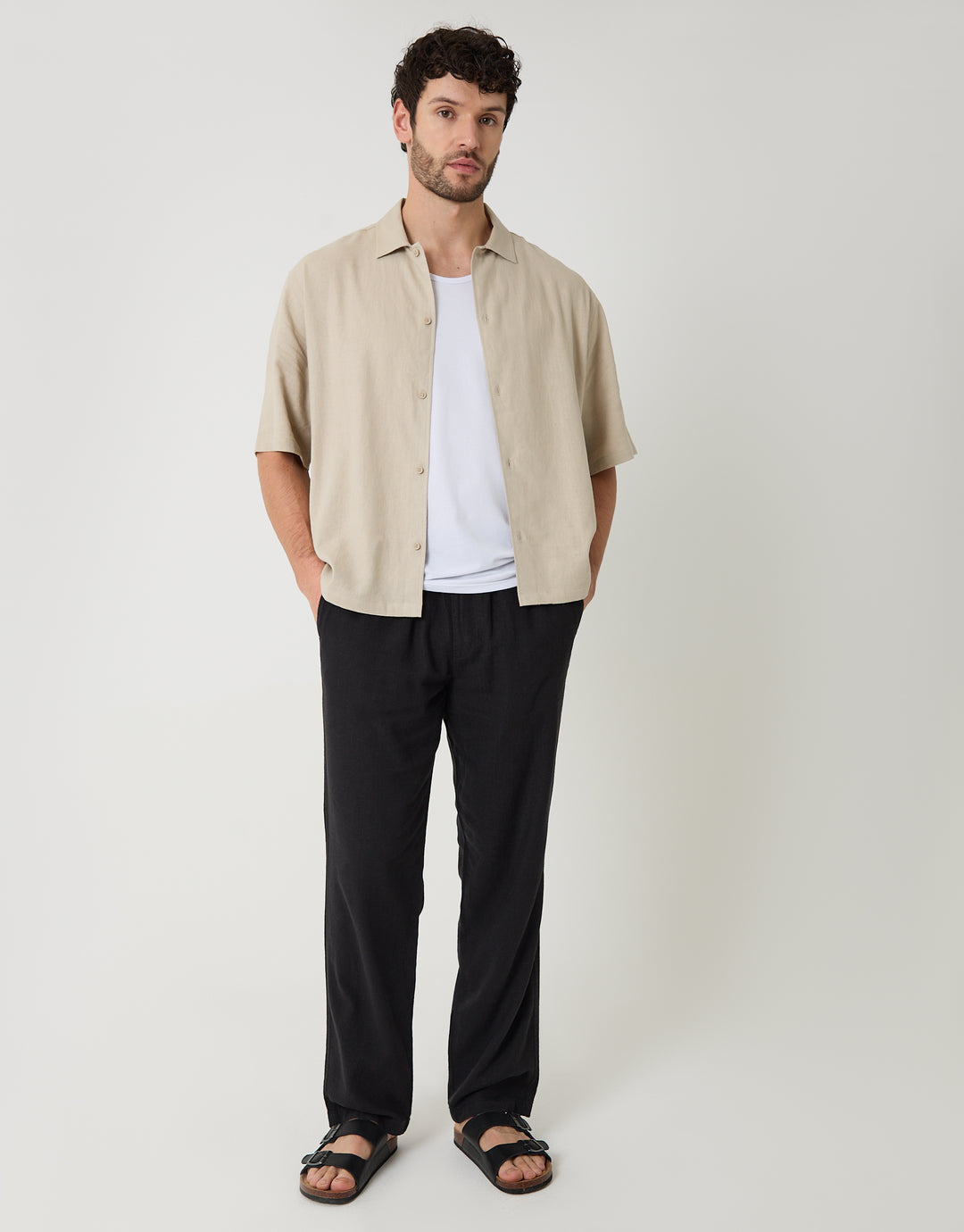 Threadbare Boxy Fit Linen Blend Short Sleeve Shirt in Stone - full body
