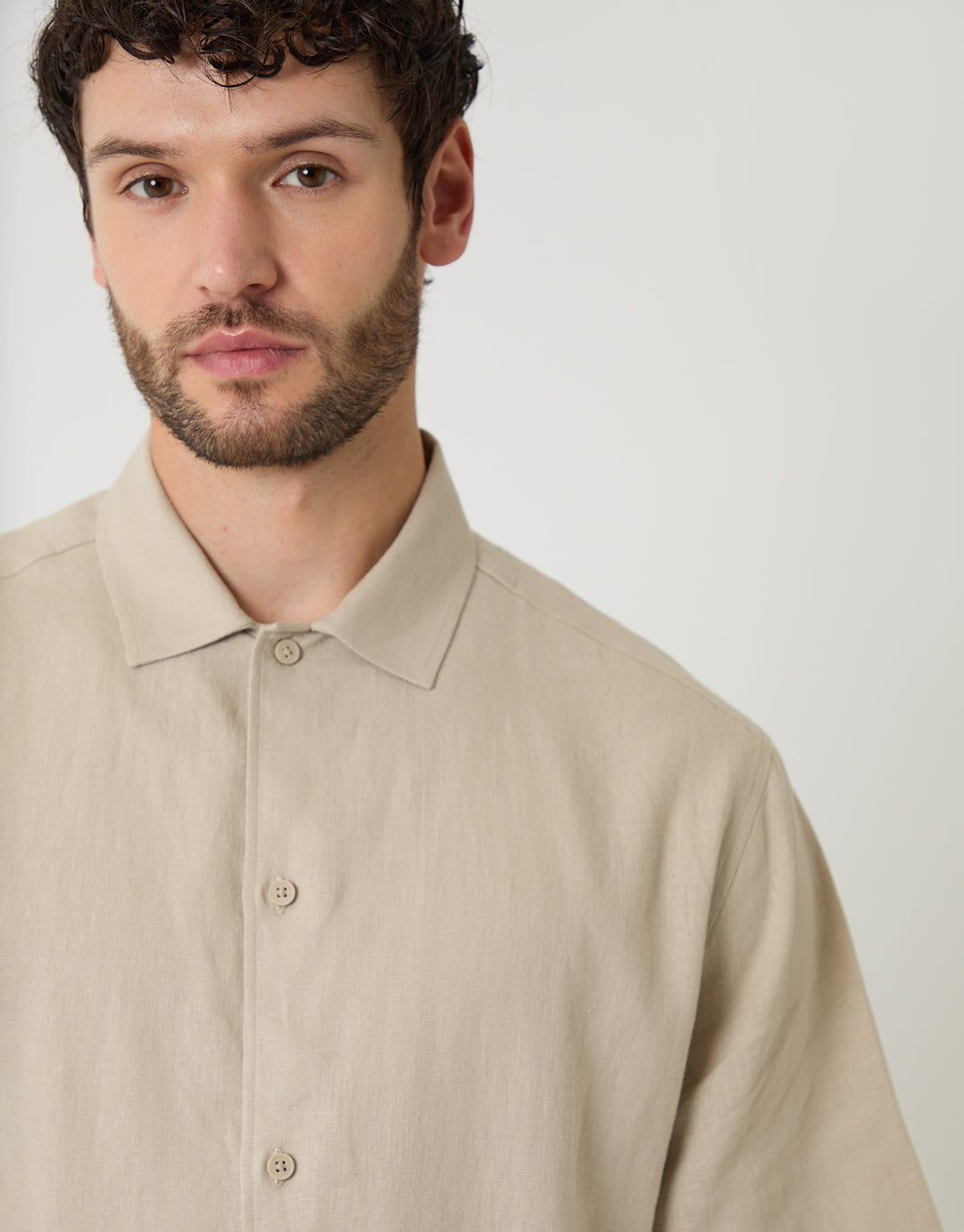 Threadbare Boxy Fit Linen Blend Short Sleeve Shirt in Stone - front view close up