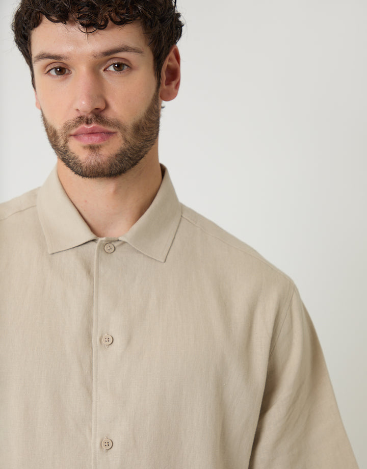 Threadbare Boxy Fit Linen Blend Short Sleeve Shirt in Stone - front view close up