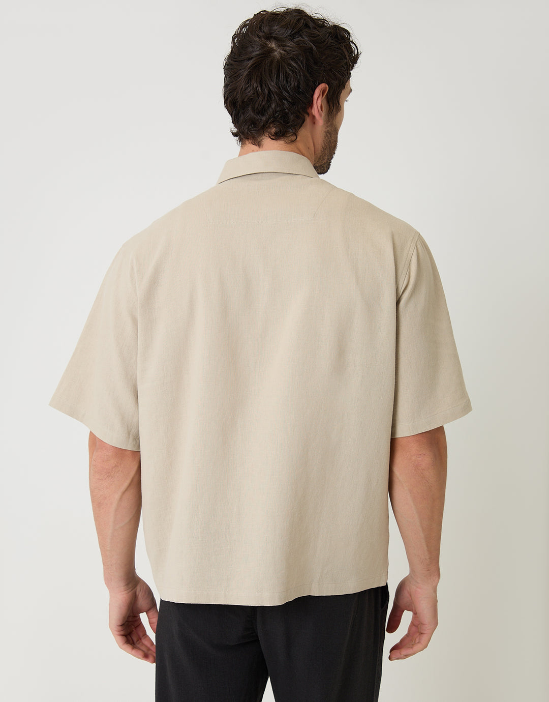 Threadbare Boxy Fit Linen Blend Short Sleeve Shirt in Stone - back view