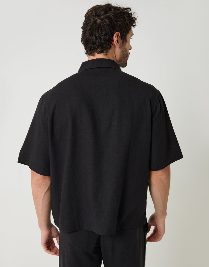 Black Boxy Fit Linen Blend Short Sleeve Shirt