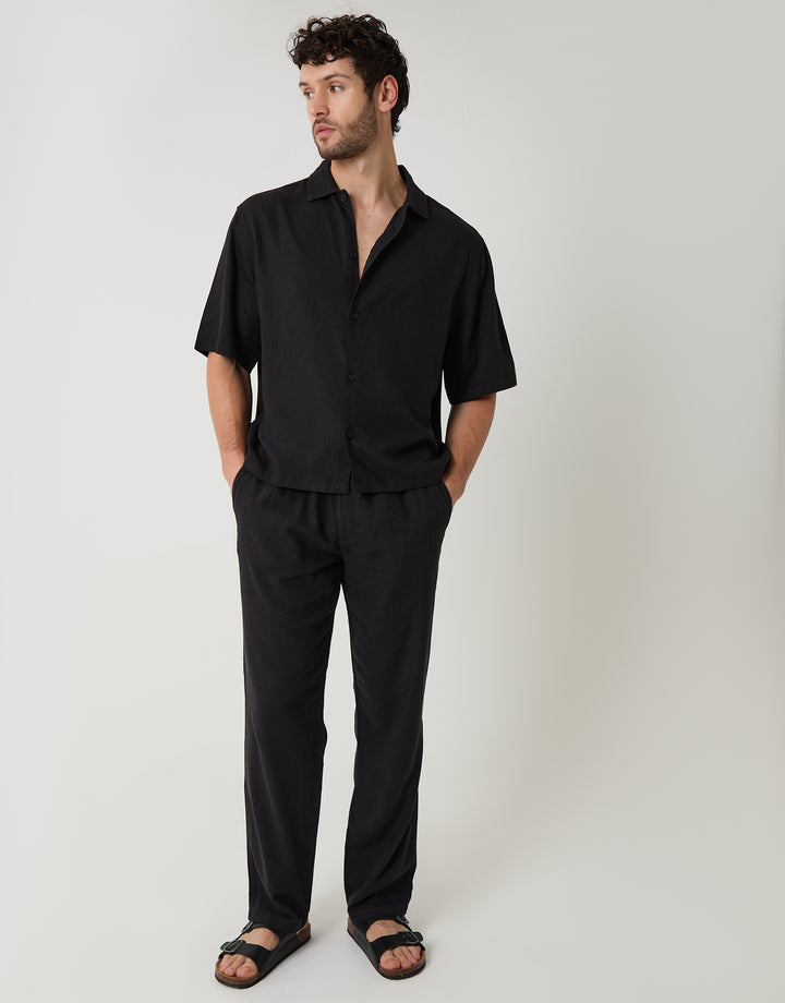 Black Boxy Fit Linen Blend Short Sleeve Shirt