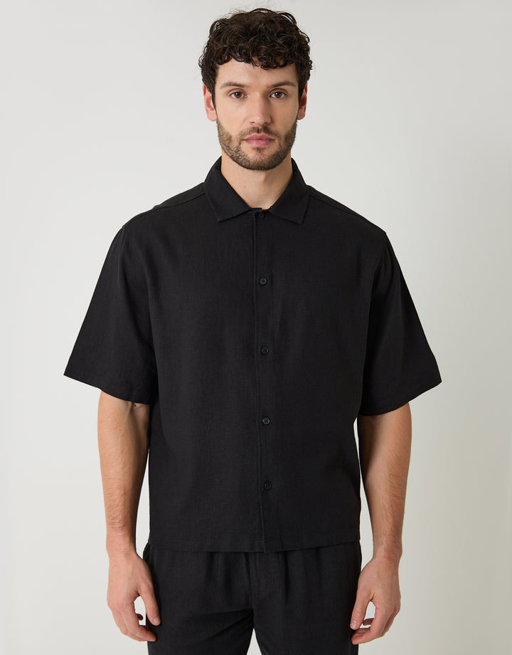 Black Boxy Fit Linen Blend Short Sleeve Shirt