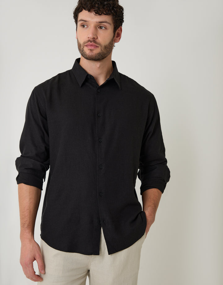 Black Relaxed Fit Linen Blend Shirt