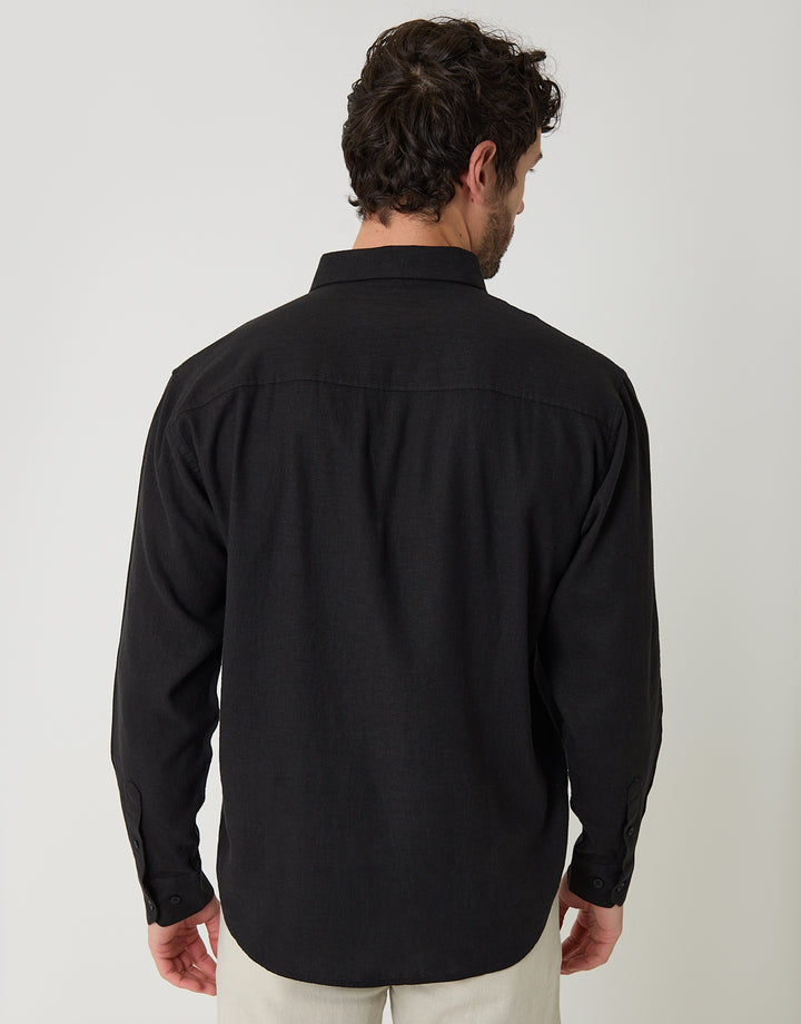 Black Relaxed Fit Linen Blend Shirt