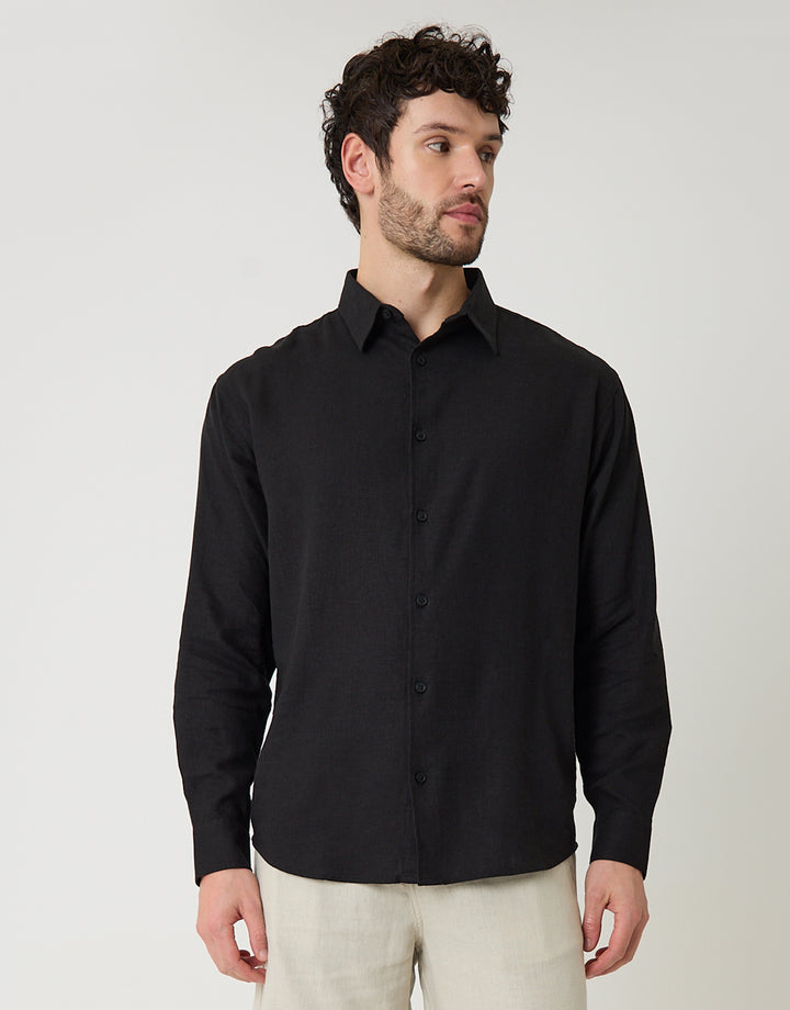 Black Relaxed Fit Linen Blend Shirt