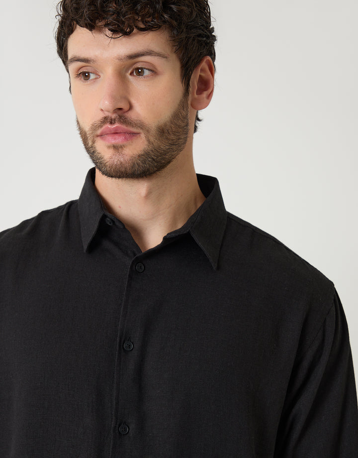 Black Relaxed Fit Linen Blend Shirt