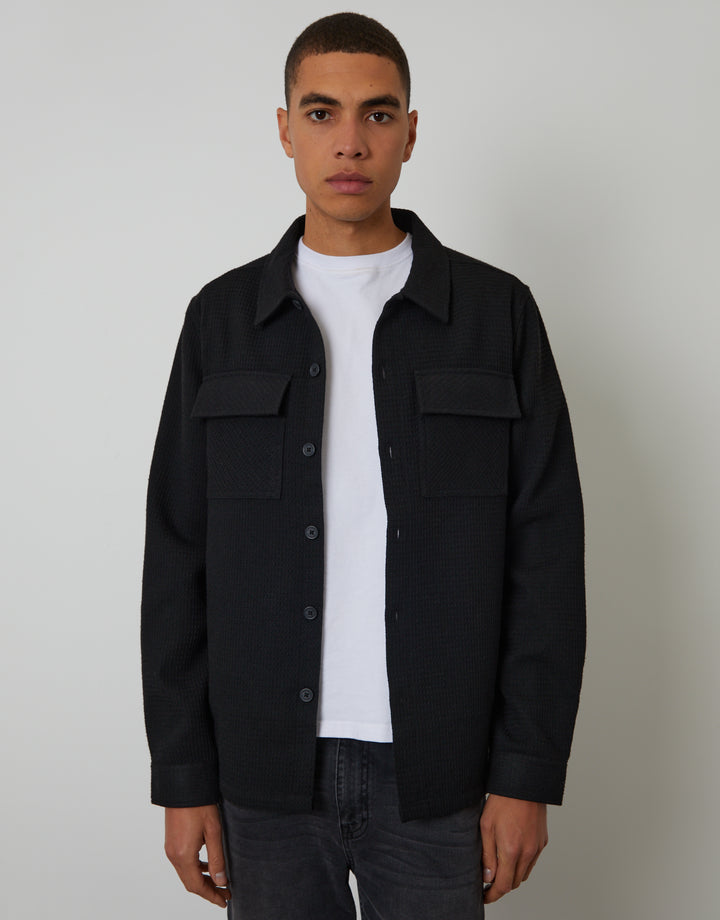 Black Waffle Textured Straight Hem Shacket