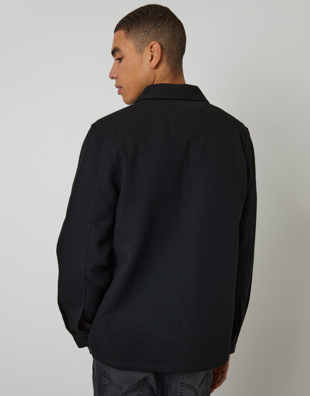 Black Waffle Textured Straight Hem Shacket