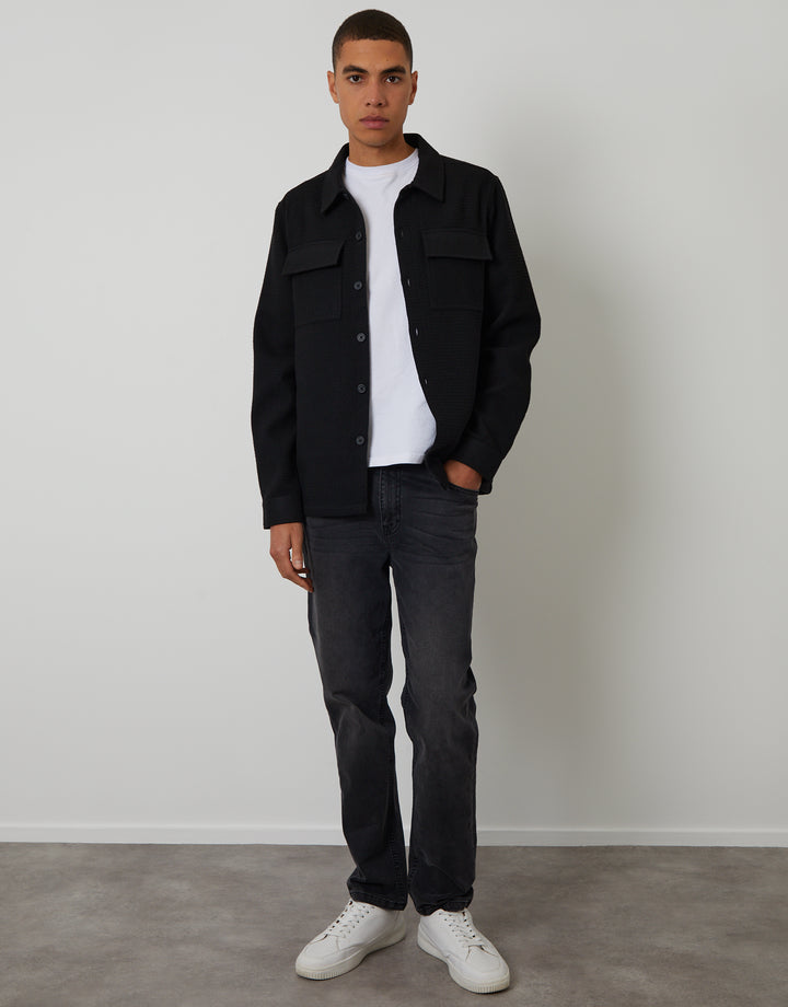 Black Waffle Textured Straight Hem Shacket