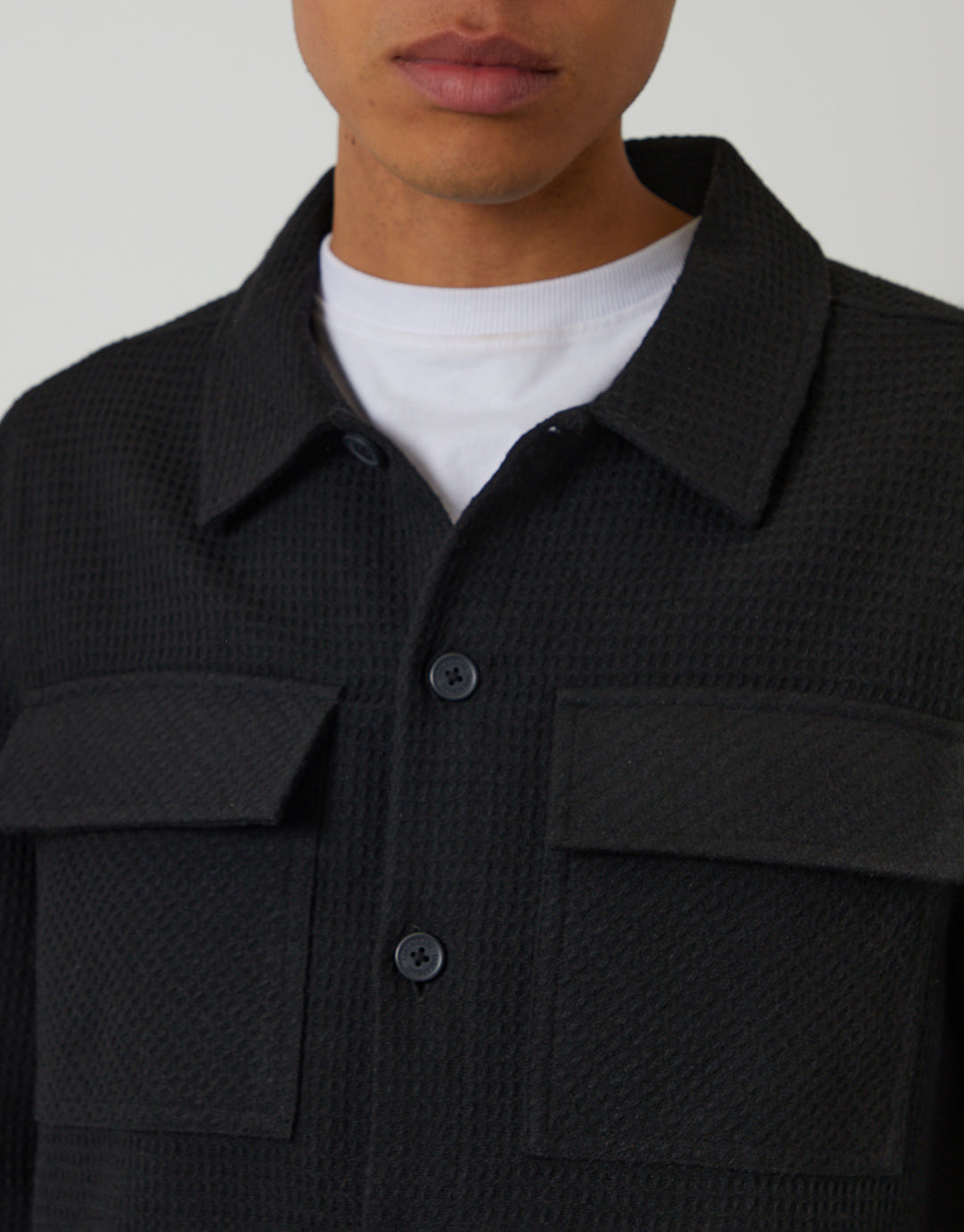 Black Waffle Textured Straight Hem Shacket