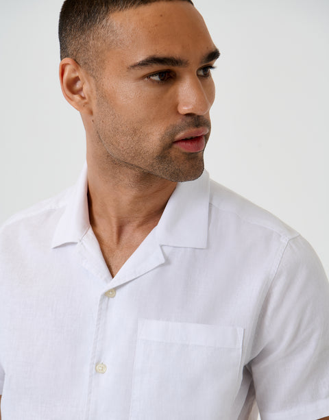 Threadbare Linen Cotton Blend Short Sleeve Shirt in White - front close up