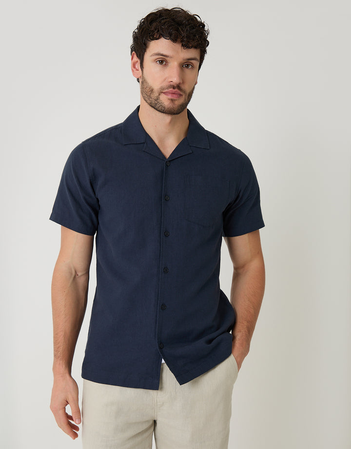 Navy Linen Cotton Blend Short Sleeve Shirt