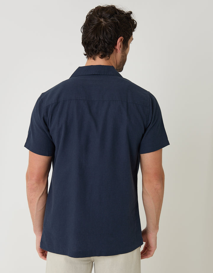 Navy Linen Cotton Blend Short Sleeve Shirt