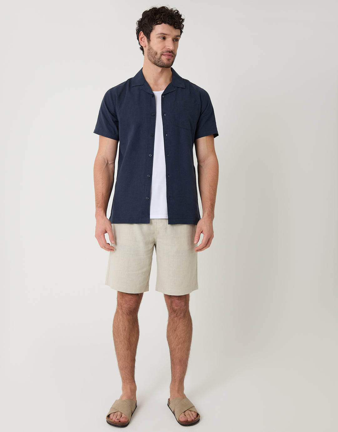 Navy Linen Cotton Blend Short Sleeve Shirt