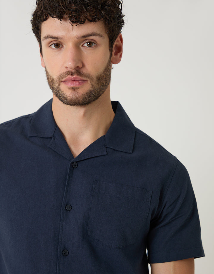 Navy Linen Cotton Blend Short Sleeve Shirt