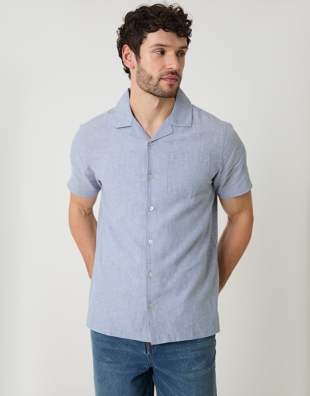 Denim Blue Linen Cotton Blend Short Sleeve Shirt