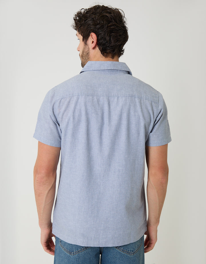Denim Blue Linen Cotton Blend Short Sleeve Shirt