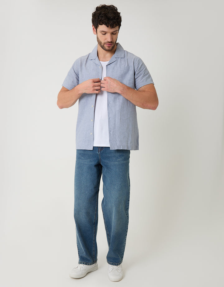 Denim Blue Linen Cotton Blend Short Sleeve Shirt