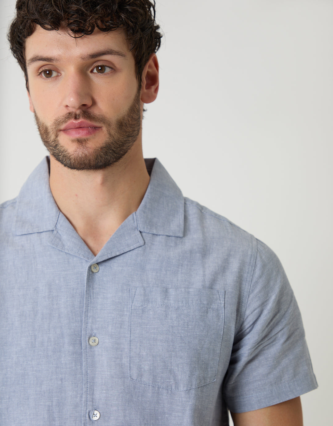 Denim Blue Linen Cotton Blend Short Sleeve Shirt