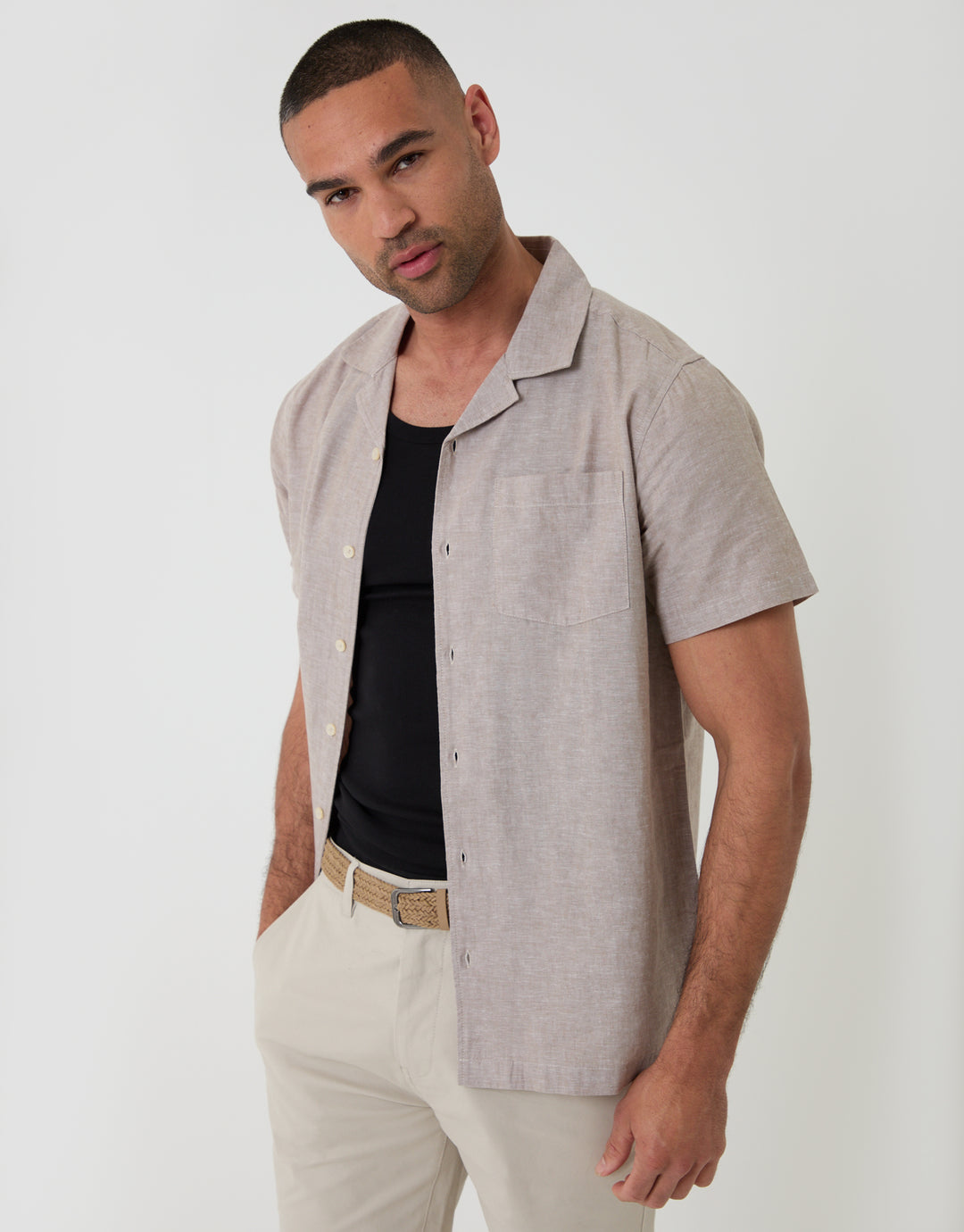Threadbare Cotton Blend Short Sleeve Shirt in Taupe Linen - Front View