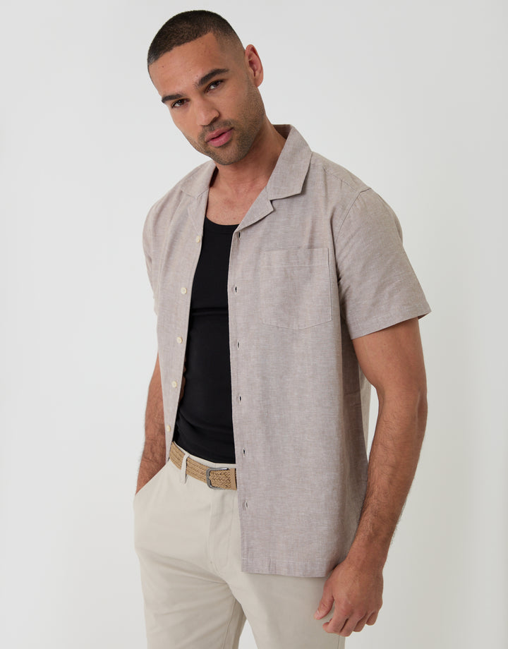 Threadbare Cotton Blend Short Sleeve Shirt in Taupe Linen - Front View