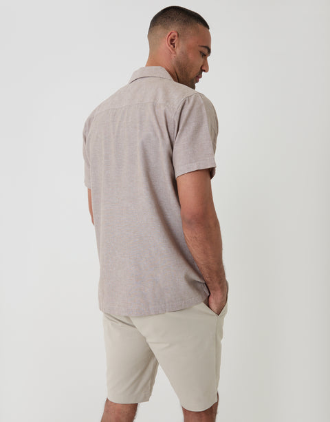 Threadbare Cotton Blend Short Sleeve Shirt in Taupe Linen - Back View