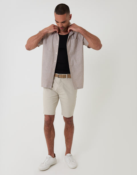 Threadbare Cotton Blend Short Sleeve Shirt in Taupe Linen - Full View