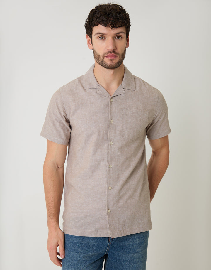 Taupe Linen Cotton Blend Short Sleeve Shirt