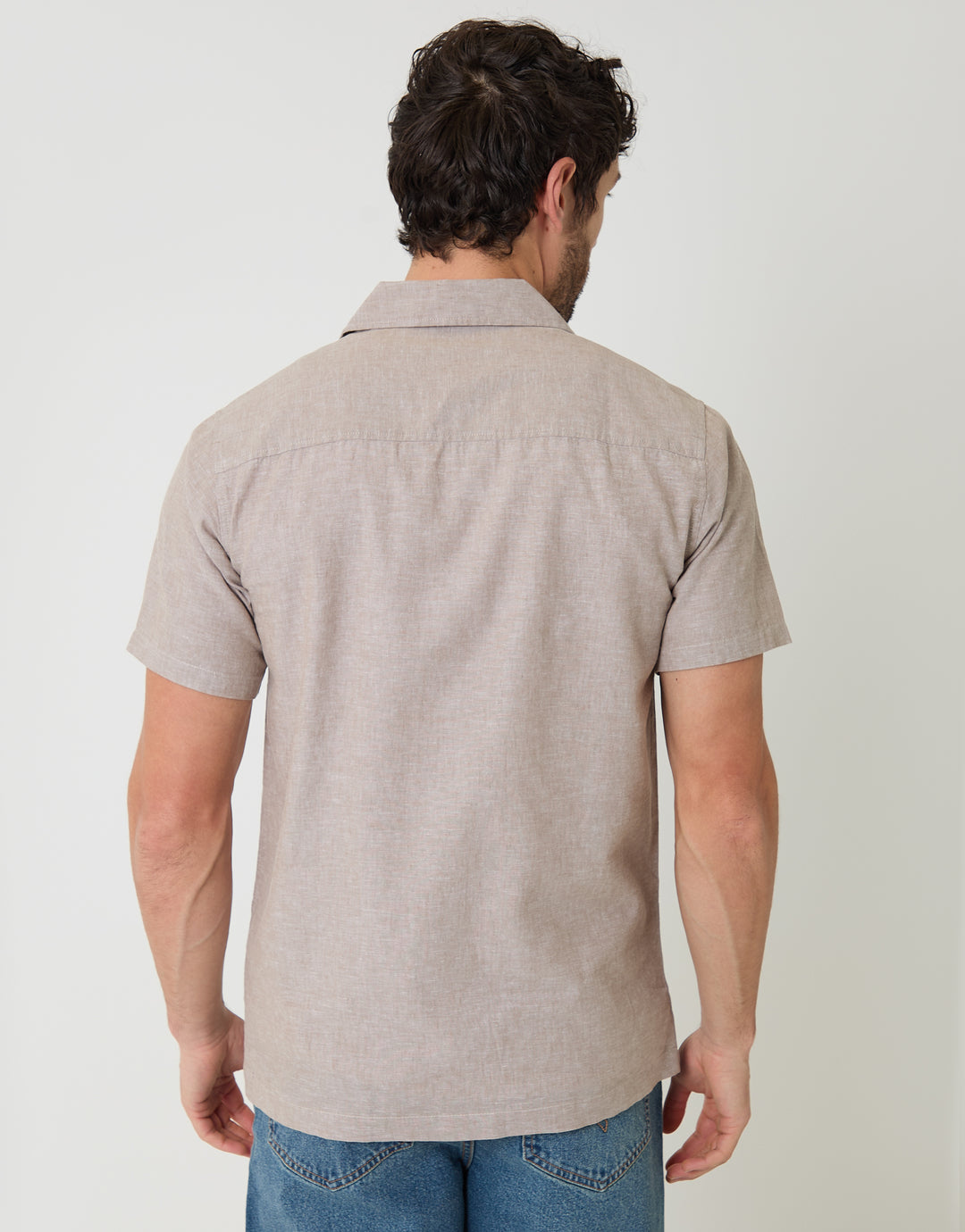 Taupe Linen Cotton Blend Short Sleeve Shirt