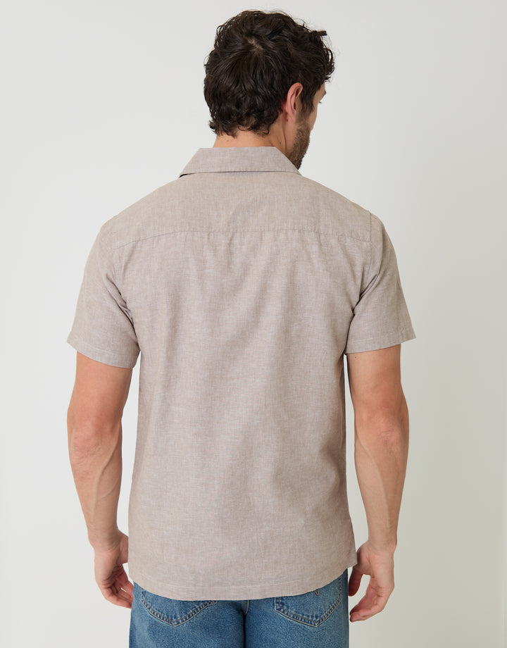 Taupe Linen Cotton Blend Short Sleeve Shirt