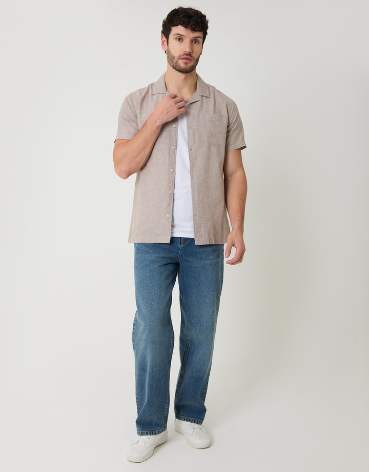Taupe Linen Cotton Blend Short Sleeve Shirt
