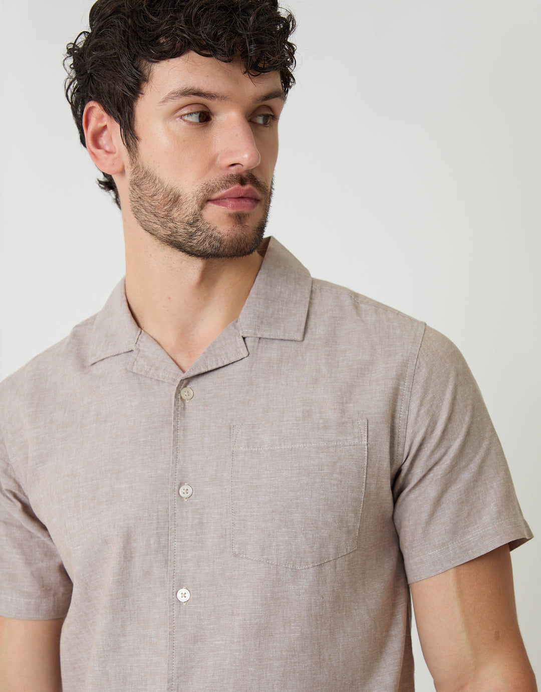 Taupe Linen Cotton Blend Short Sleeve Shirt