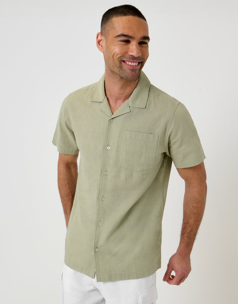 Threadbare Linen Cotton Blend Short Sleeve Shirt in Sage Green - front view