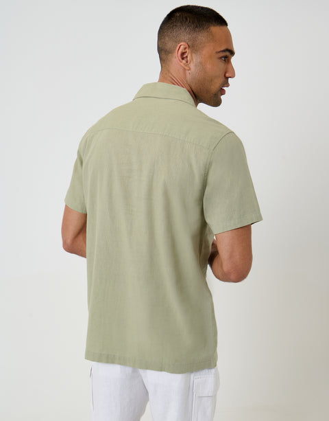 Threadbare Linen Cotton Blend Short Sleeve Shirt in Sage Green - back view