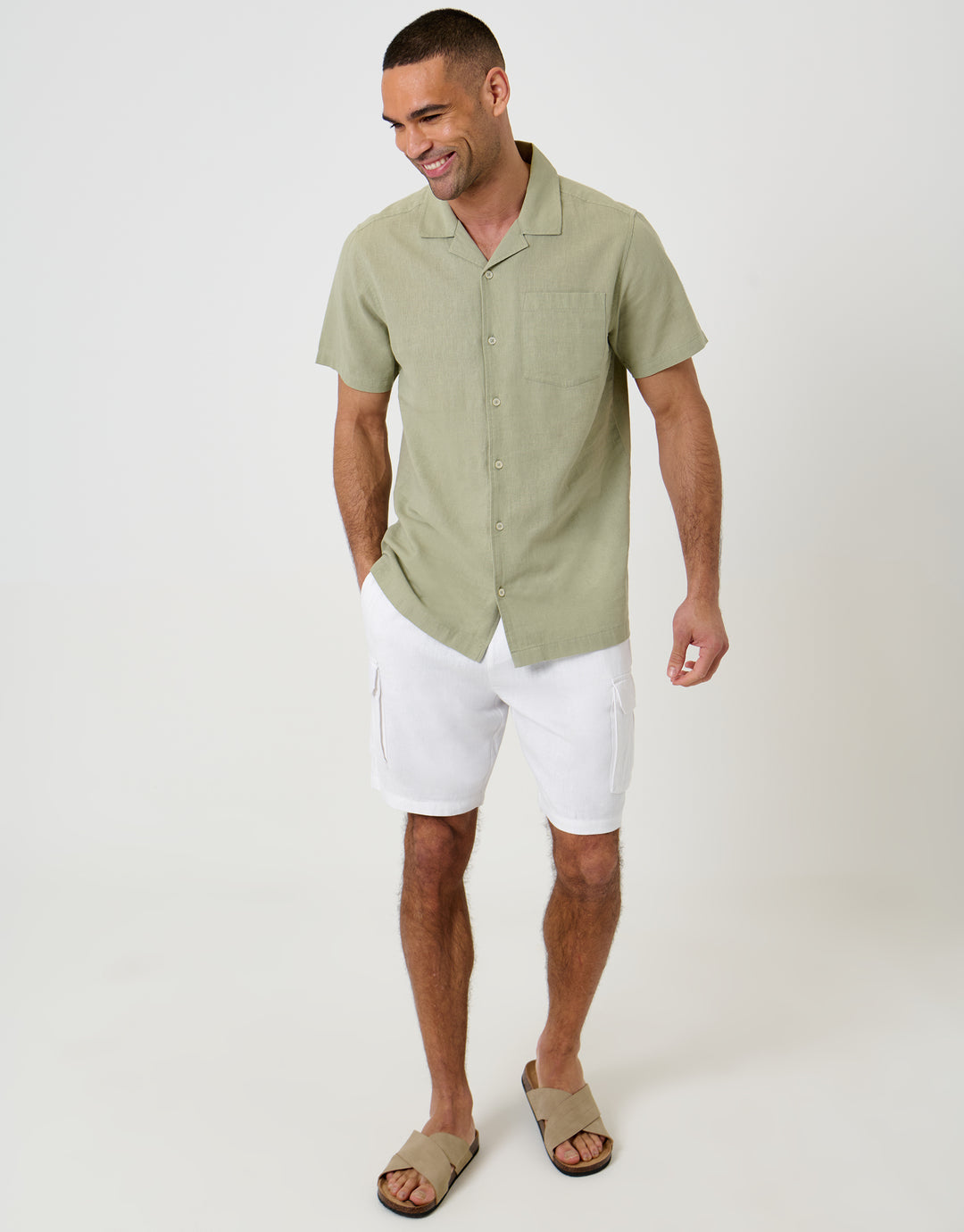 Threadbare Linen Cotton Blend Short Sleeve Shirt in Sage Green - full body