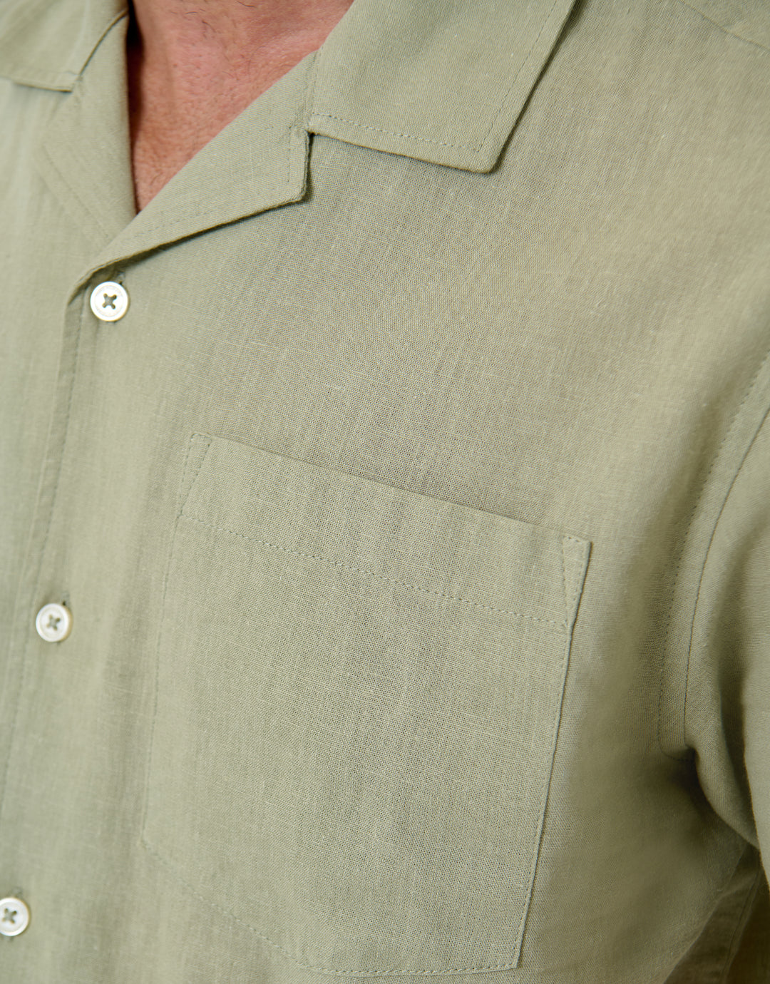 Threadbare Linen Cotton Blend Short Sleeve Shirt in Sage Green - pocket close up