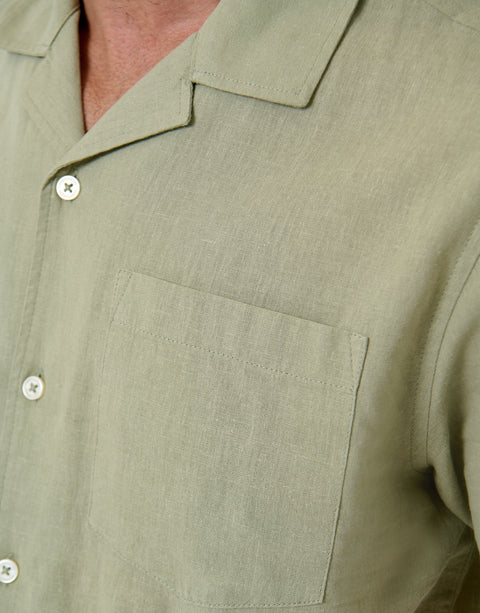 Threadbare Linen Cotton Blend Short Sleeve Shirt in Sage Green - pocket close up