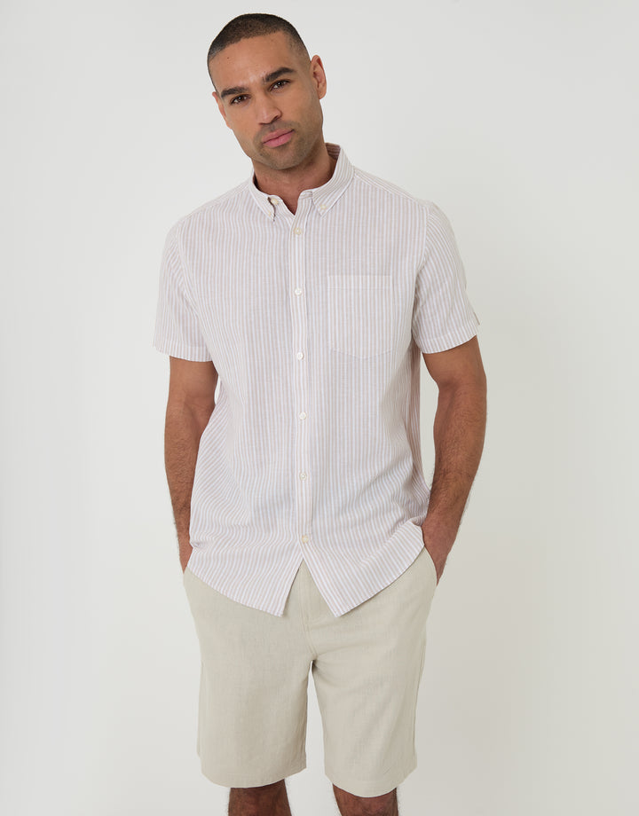 Threadbare Linen Cotton Blend Short Sleeve Shirt in Stone Stripe - front view