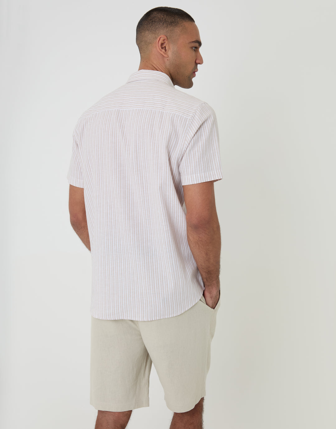 Threadbare Linen Cotton Blend Short Sleeve Shirt in Stone Stripe - back view