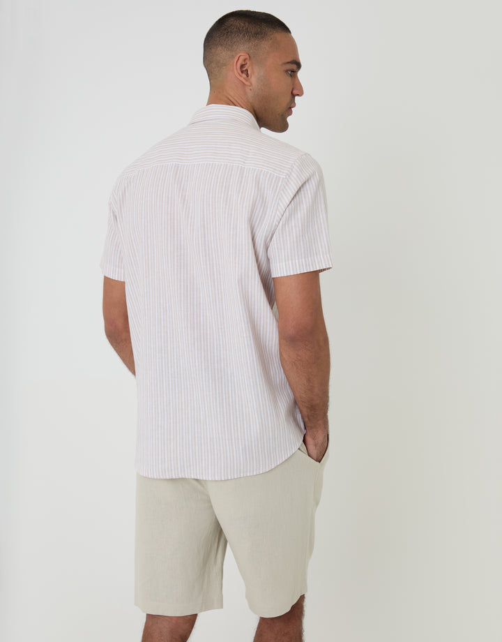Threadbare Linen Cotton Blend Short Sleeve Shirt in Stone Stripe - back view