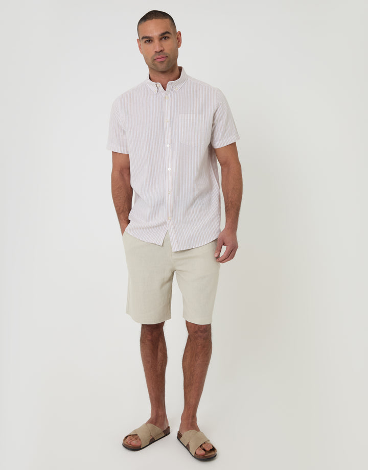 Threadbare Linen Cotton Blend Short Sleeve Shirt in Stone Stripe - full body